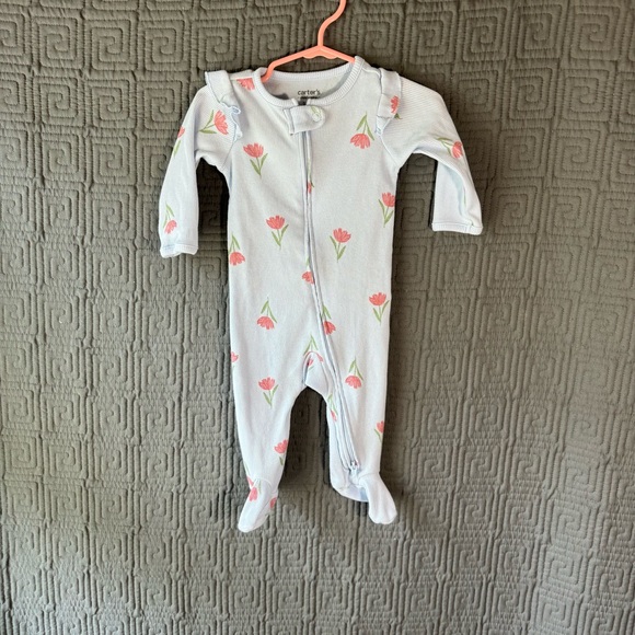 Carters Pajama Girls Size 3-6 Months Blue Flowers 2 Way Zip - Picture 1 of 3